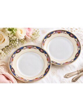 Set of 2 VTG Crown Edelstein Cobalt Blue Pink Rose  Gold Bavaria 8" Soup Bowls